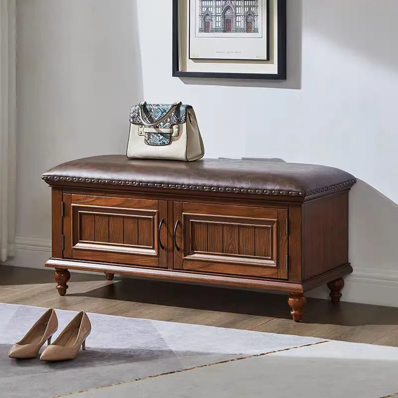 

American solid wood shoe change stool, European shoes at the door of the home, door storage, shoe cabinet, soft bag seat cushion