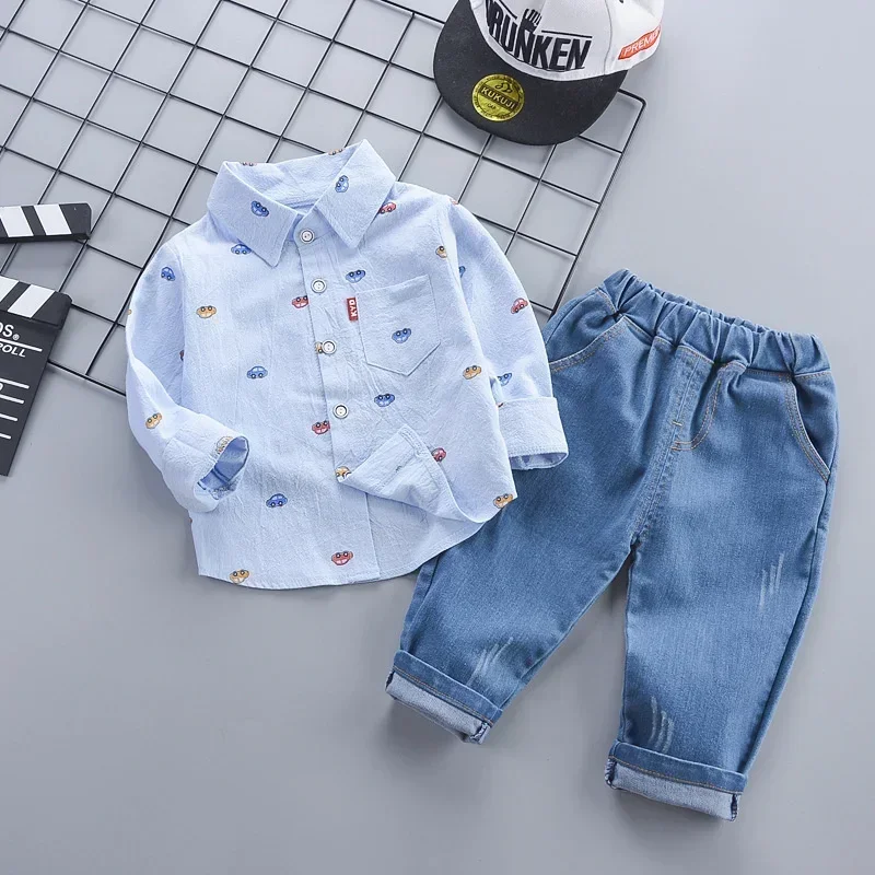 2024 New Spring Autumn Toddler Boys Clothing Set Cartoon Car Lapel Shirt + Pants 2Pcs Suit For Kids Children Casual Outfit