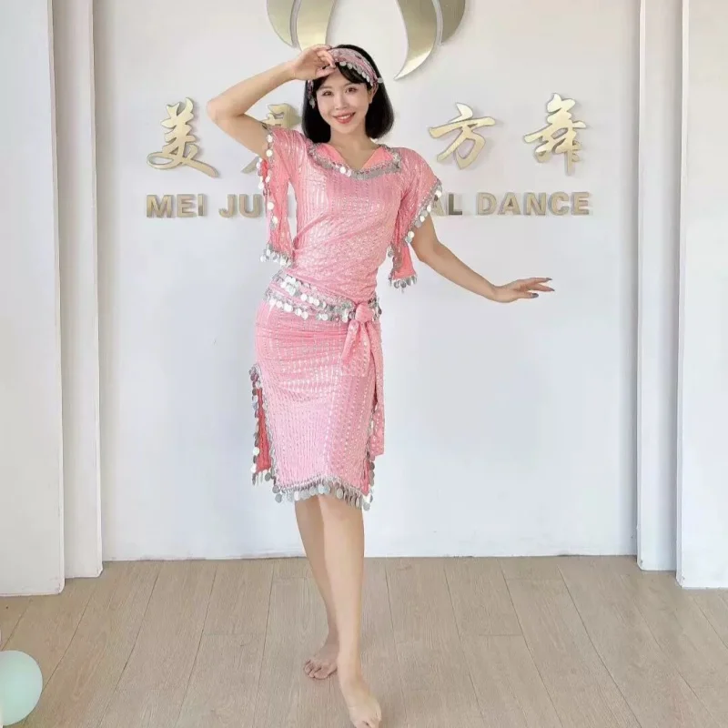 

Элитный костюм для танца живота с пайетками: халат + головной платок + пояс, 3 предмета, для выступлений, восточный танец, саиди, балади, народный танцевальный костюм.