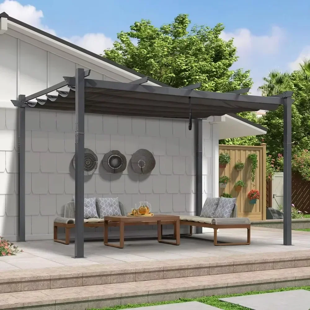 9.5 X 13 FT Outdoor Retractable Pergola, Against The Wall with Shade Canopy Patio Aluminum Shelter, Metal Grape Trellis Pergola