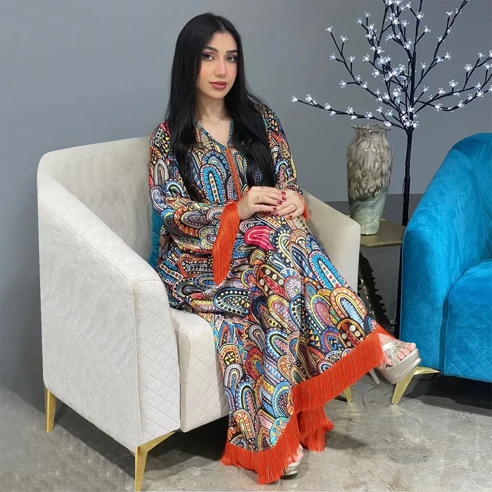 

New Muslim Dubai Women Print Maxi Dress Tassel Abaya Eid Ramadan Caftan Femme Musulmane Jalabiya Marocain Kaftan Robe Islam Gown