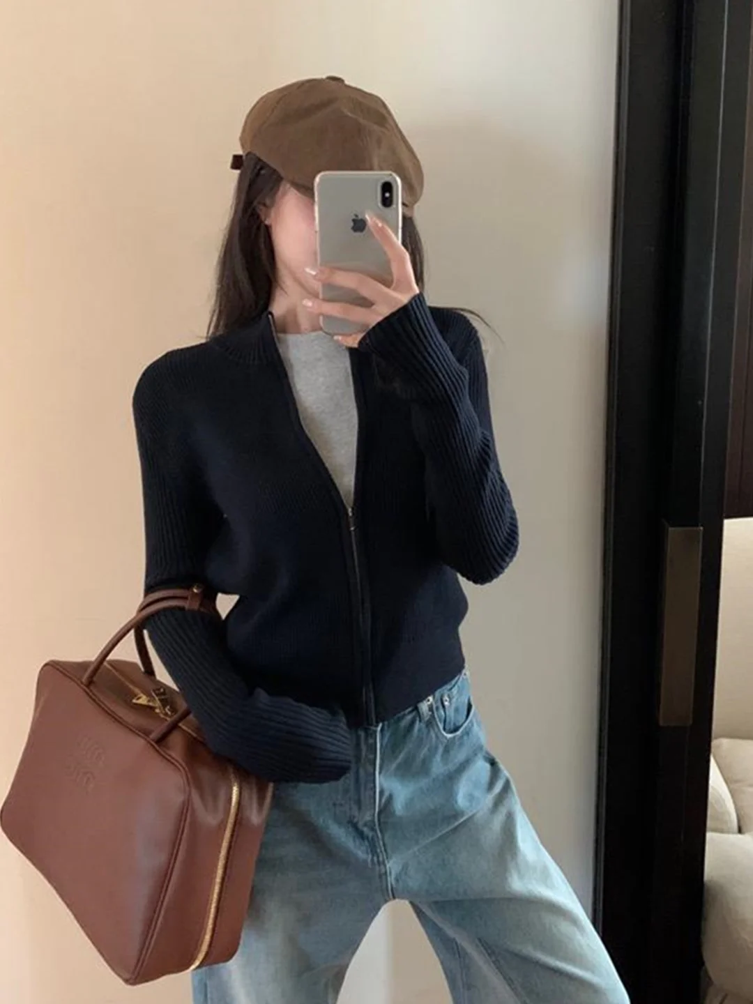 

Stand-up collar slim cashmere knit cardigan women slim in autumn and winter long sleeve zipper cashmere sweater coat