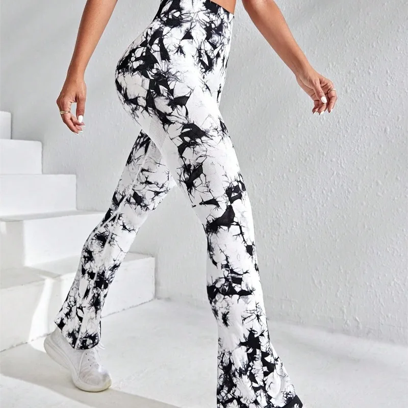 

Women Tie Dye Flared Pants Knit Seamless Leggings High Waist Butt Lift Fitness Pants Gym Yoga Cycling Slim Fashion Flared Pants