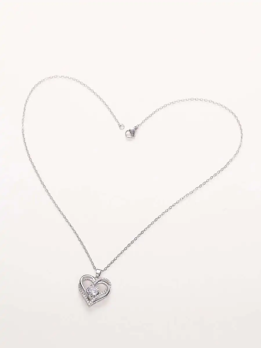 

Cubic Zirconia Double Heart Pendant Necklace for Women, Silver Chain Jewelry