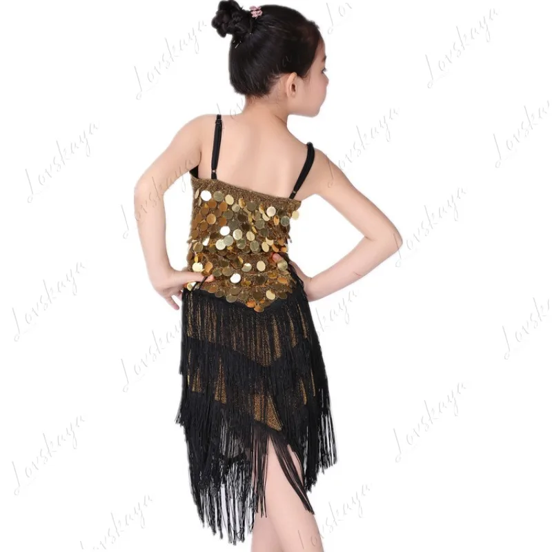 라틴 댄스 공연 의상을 위한 어린이용 스팽글 드레스, 공연용 어린이용 프린지 드레스, 무대 대회 의상