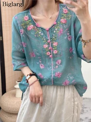 Oversized Summer Flower Embroidery Pullover Tops Women Fashion Floral Print Ladies Blouses Short Sleeve Loose Pleated Woman Tops