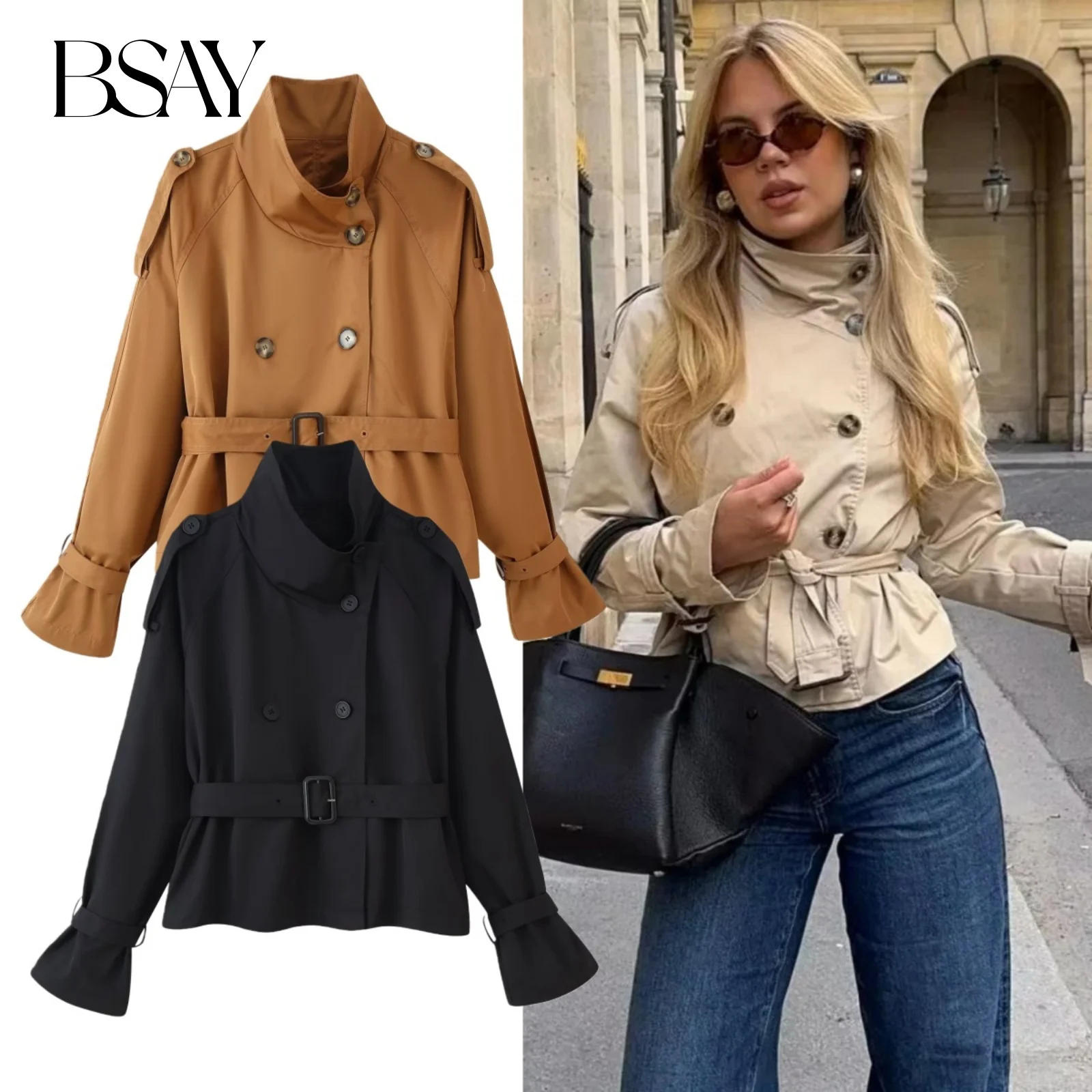 

BSAY Осенний новый двубортный пиджак с женским элегантным воротником-стойкой и длинными рукавами, офисный женский пиджак, уличный топ