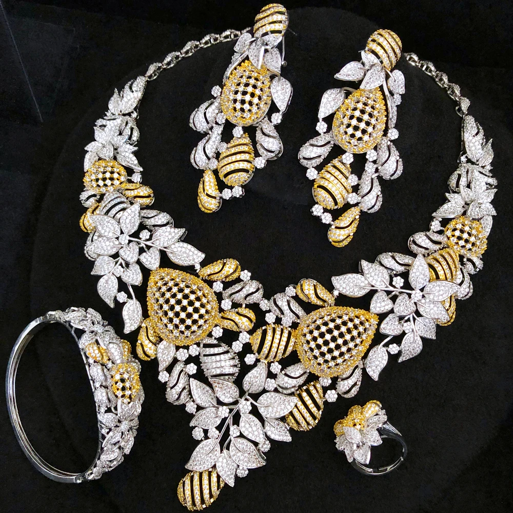 GODKI Super Big Luxury 4PCS BEE NEST African Jewelry Sets For Women Wedding Cubic Zirconia Dubai Bridal SetS Costum Jewelry