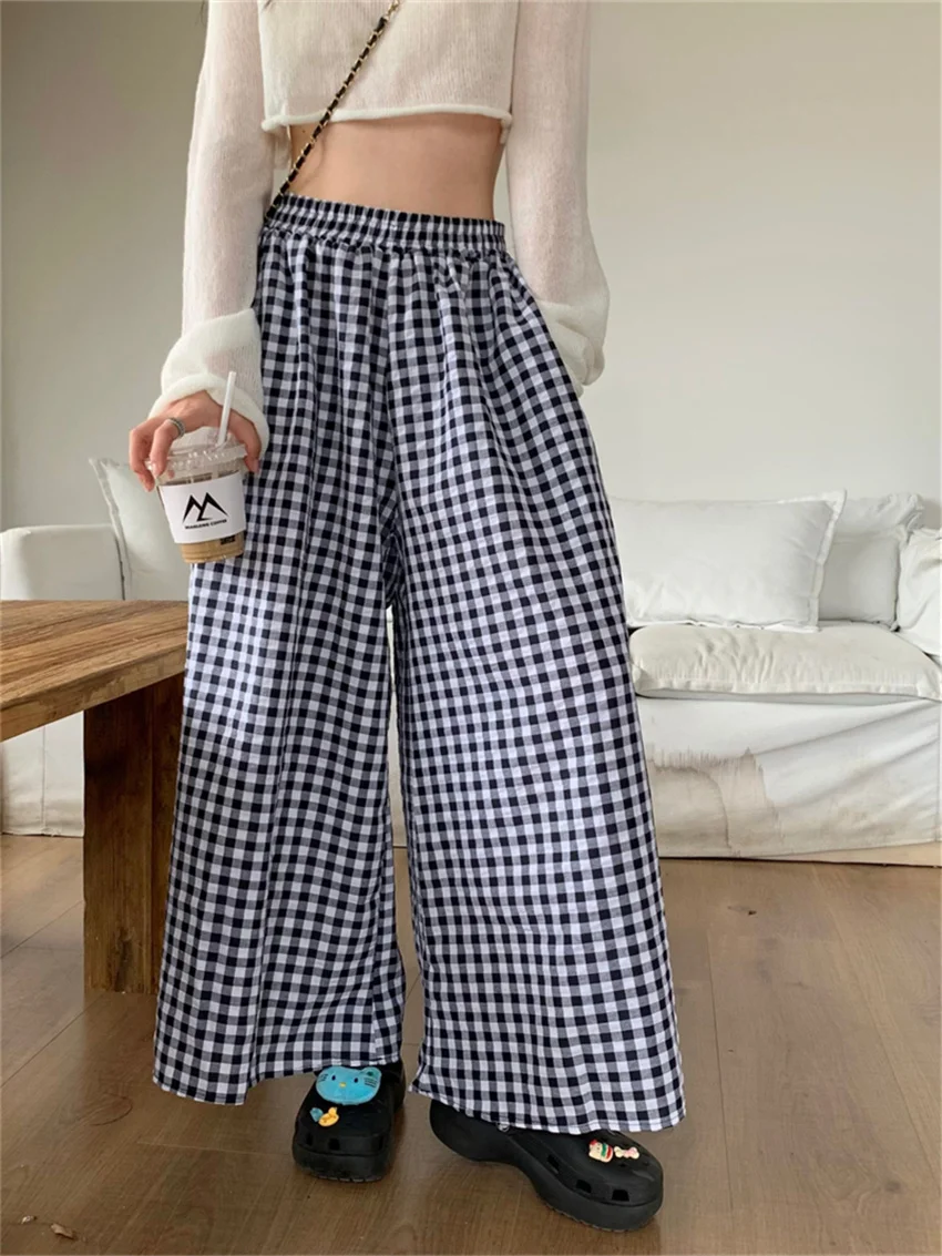 

Alien Kitty Classic Plaid Wide-Legged Pants Women Chic Loose All Match 2023 Summer OL High Waist Office Lady Streetwear New