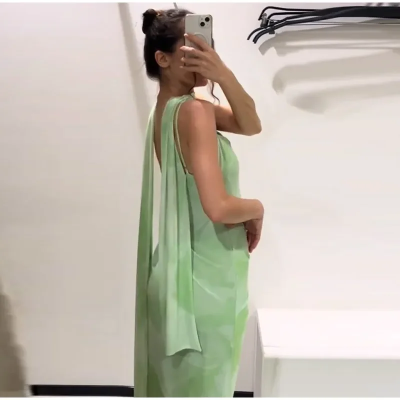 DSMTRC Female Sexy Backless Slim Sling Long Dresses Mujer Fashion Light Green Women Summer Romantic Scarf Decorated Tulle Dress