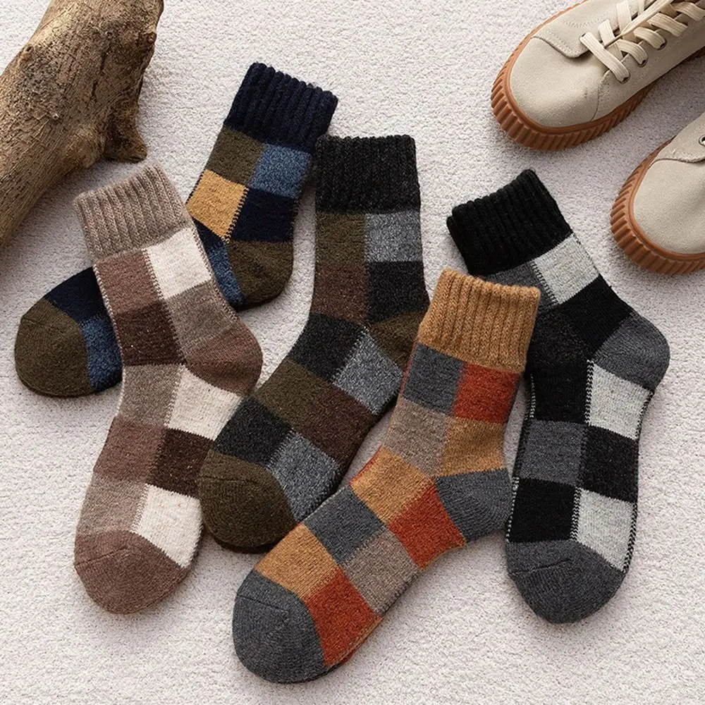 

Vintage Simple Winter Thicked Home Towel Socks Wool Socks Lattice Socks Men Hosiery Middle Tube Socks