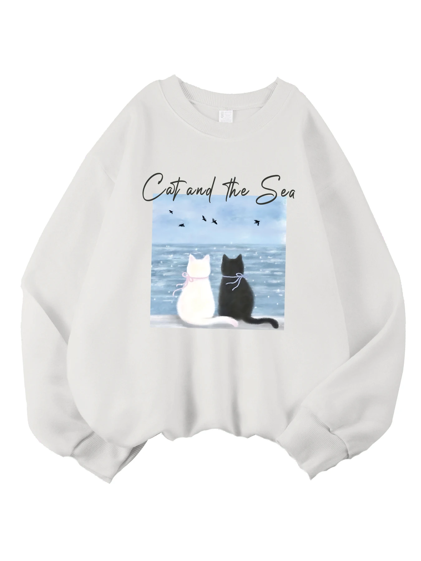 Sudadera con estampado de cartel de gato y el mar para mujer, Tops de lana a la moda urbana, jersey informal de otoño, ropa cómoda