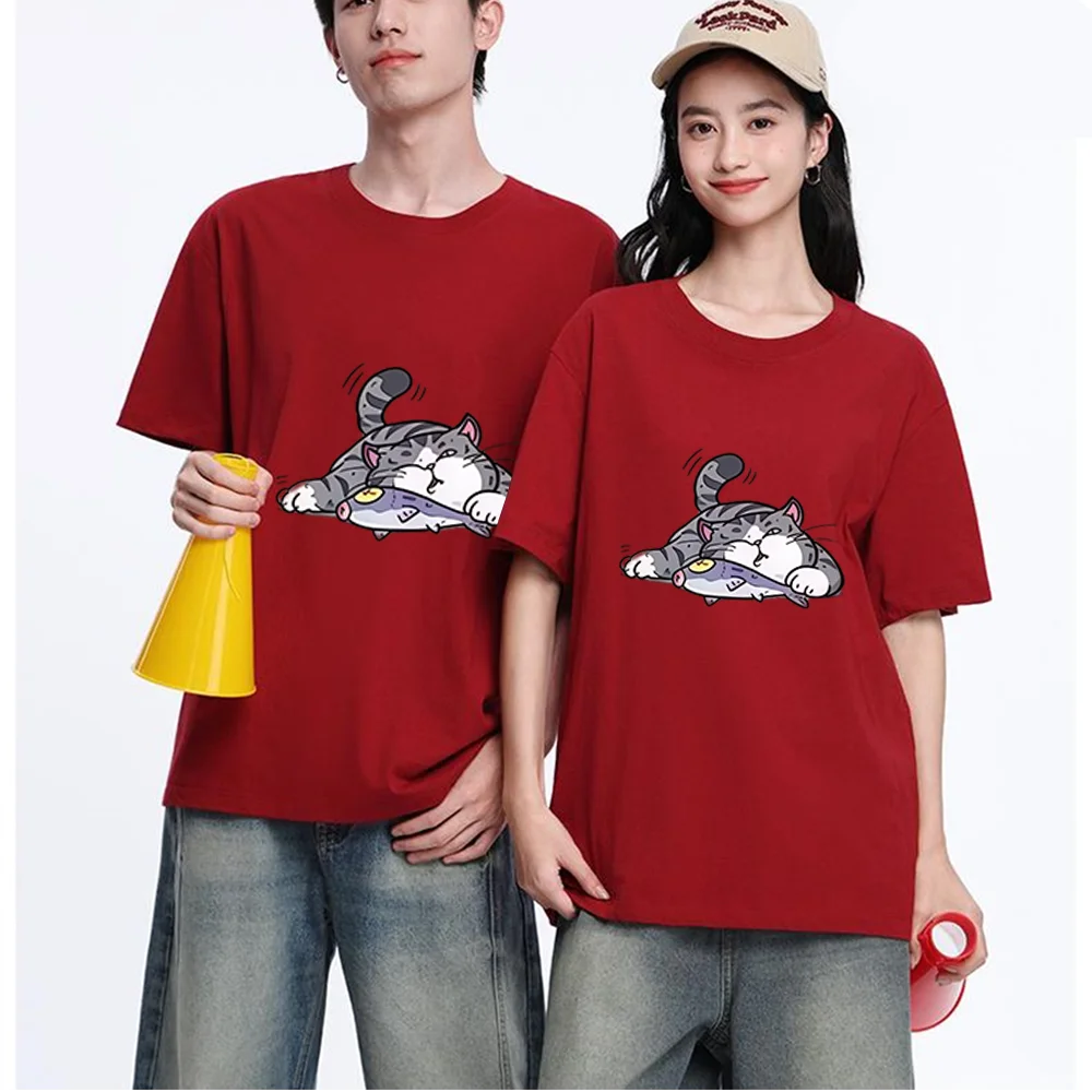 Cute Cat And Fish Printed T Shirt Breathable Fabric S-XXL Personalized Custom Aesthetic Graphic Top Unisex Fit Casual Short Slee