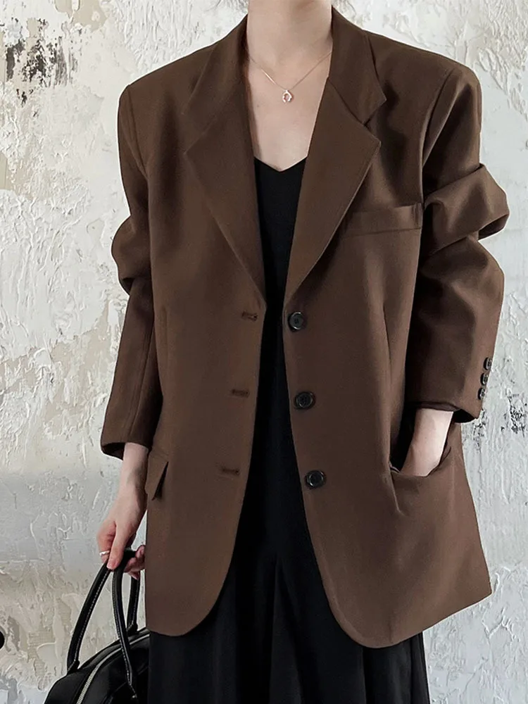 LANMREM Office Lady Solid Color Blazer For Women Notched Collar Single Breasted Loose Fit Coat Fashion 2024 New Clothing 32C1437