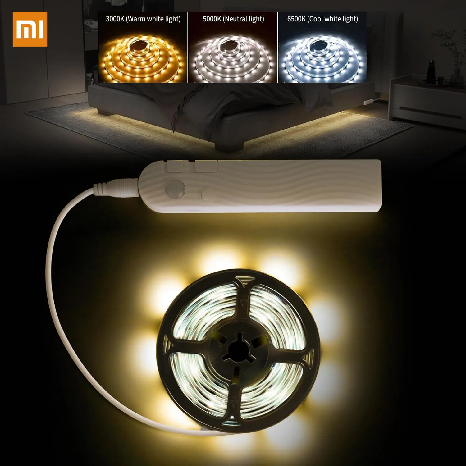 Taśma LED z czujnikiem ruchu XIAOMI, 4M, 3 kolory, lampka nocna, bateria 2000mAh, ładowalna, do pokoju, łóżka, kuchni, szafek.