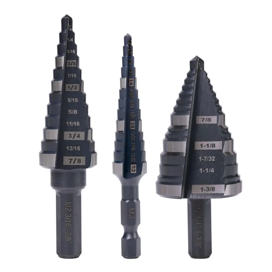 

2, 7 8 amp 13 8 Step Drill Bit Set, Straight Grooved Double Fluted M2 High Speed Steel Drill bits for Hole Drilling in Stainless