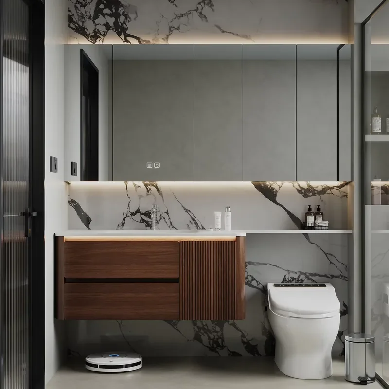 Light French Hotel-Style Bathroom Vanity,Solid Wood Cabinet with Sintered Stone Countertop,Smart Mirror /Cabinet