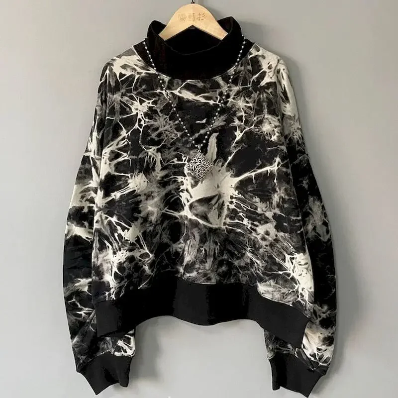 

98% Cotton Pullovers Women Fashion Design Tie Dyed Half High Collar Pullover Coats Casual Loose Oversized Tops Y2k Spring Autumn