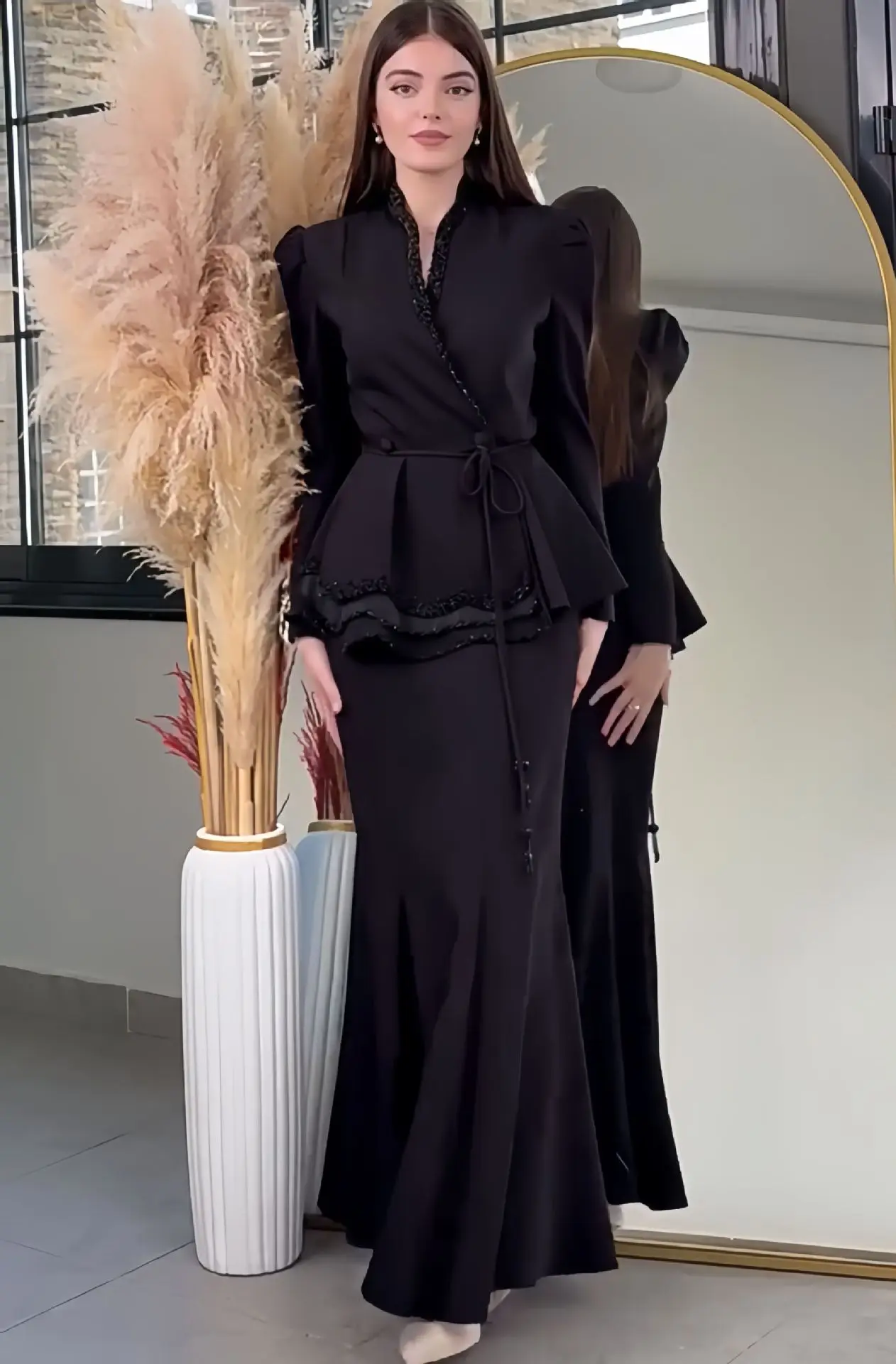 Elegant Banquet Suit Fashion Solid Color Pearl Asymmetrical V-neck Buttons Lace Up Blazer High Waist Fishtail Skirt 2 Piece Set