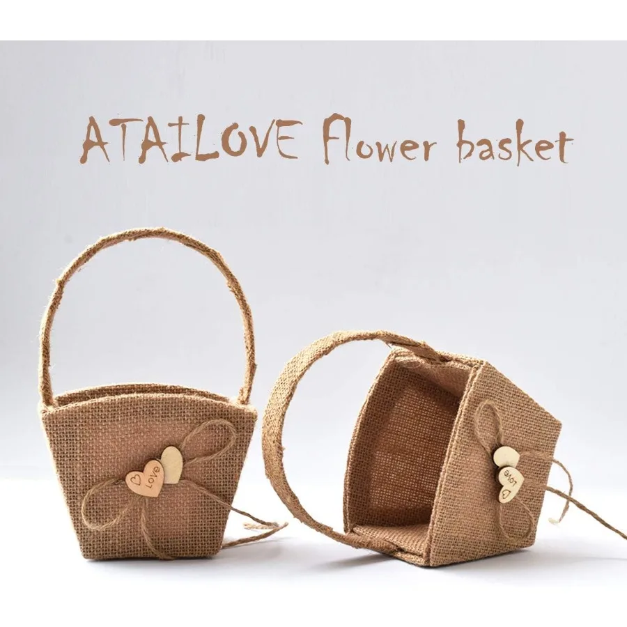 2 قطعة سلة فتاة الزهور لحفلات الزفاف مع قلب الحب المزدوج وتصميم فيونكة لزينة الزفاف الريفية العتيقة المثالية