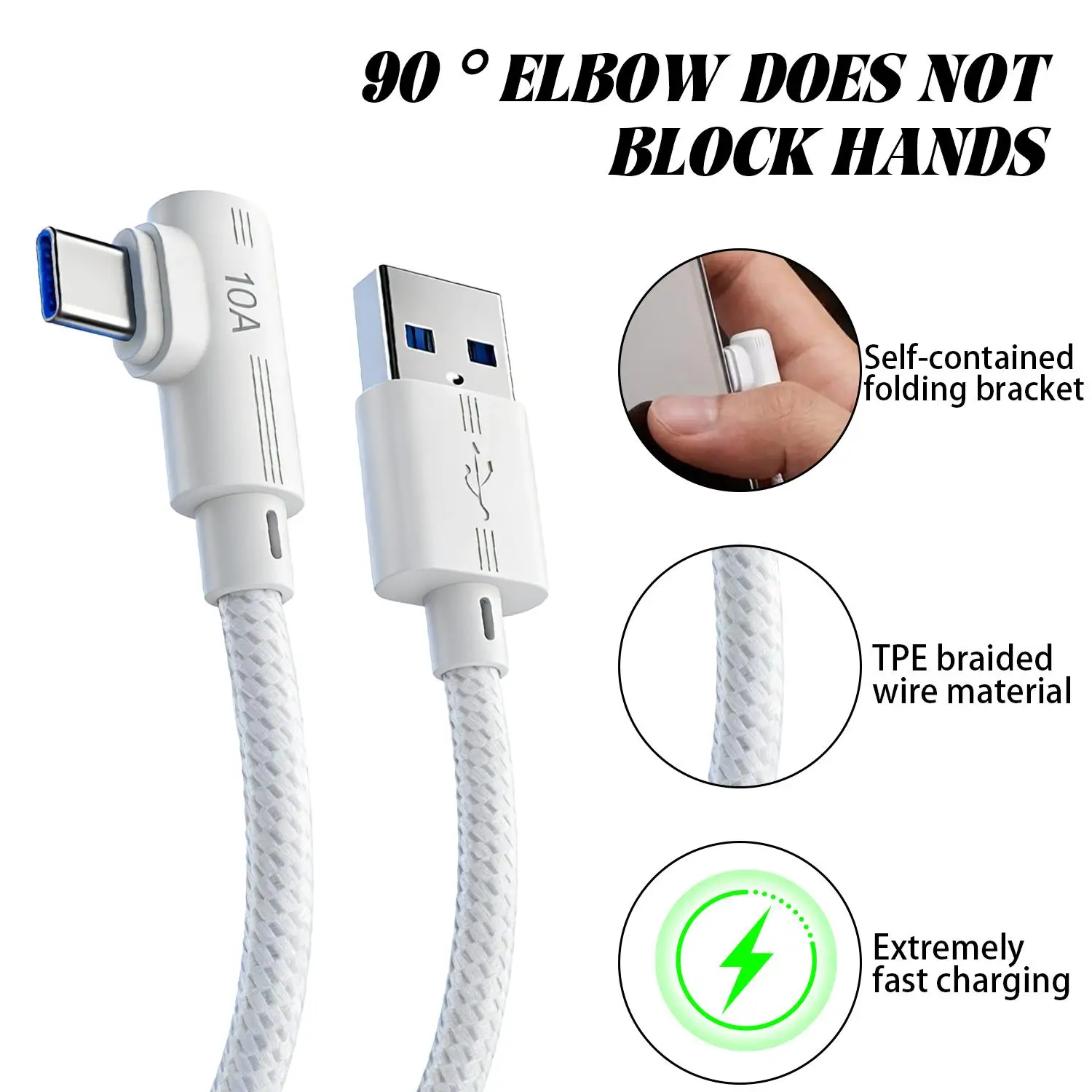 10A Quick Charging USB-C Cables USB Type C Right Angle Nylon Braided Charger Wire Support Data Transfer Cord for IPhone Samsung