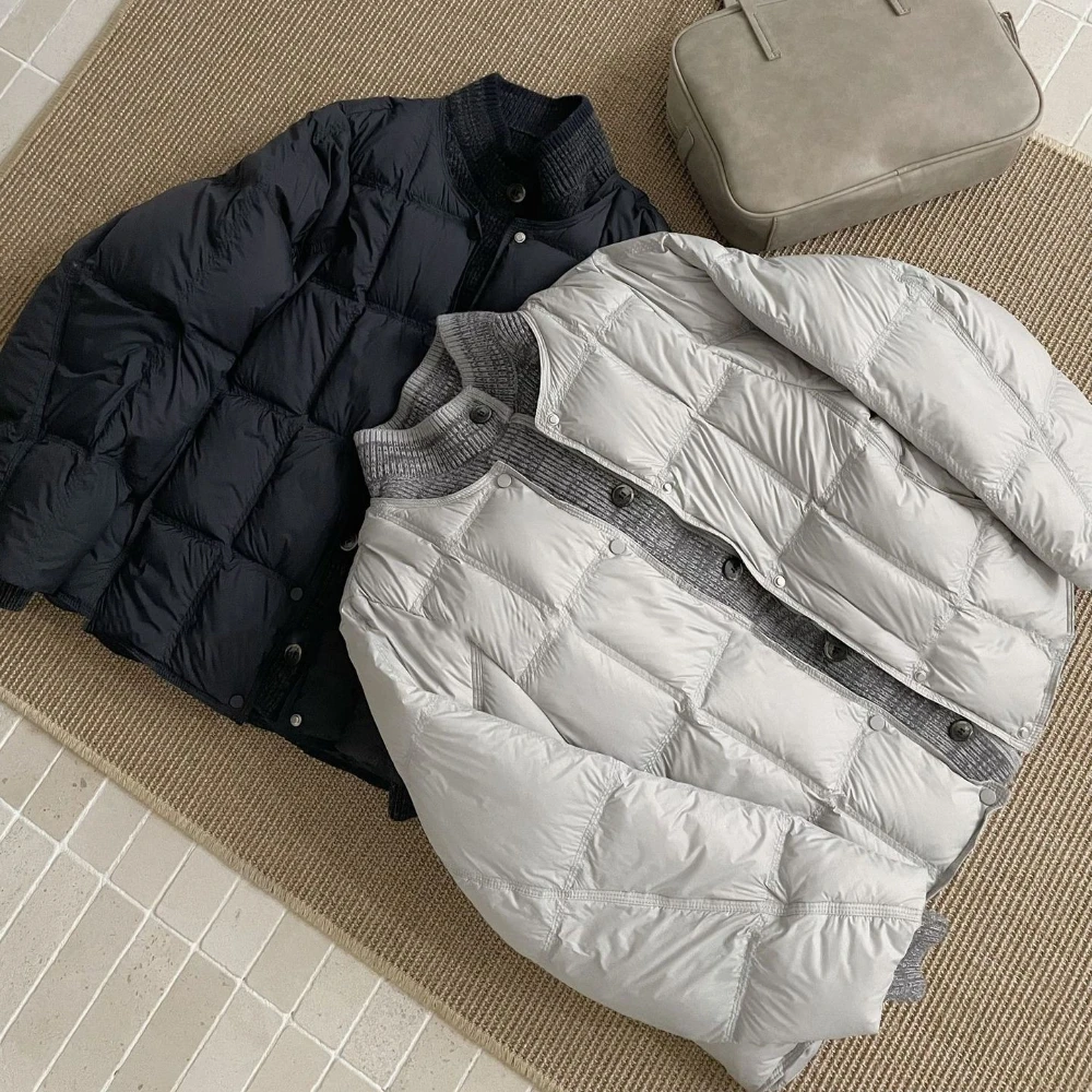 Women's Winter Parka Autumn Winter Clothes Round Neck Button Duck Down Coat Female Patchwork Warm Lightweight Puffer Jacket