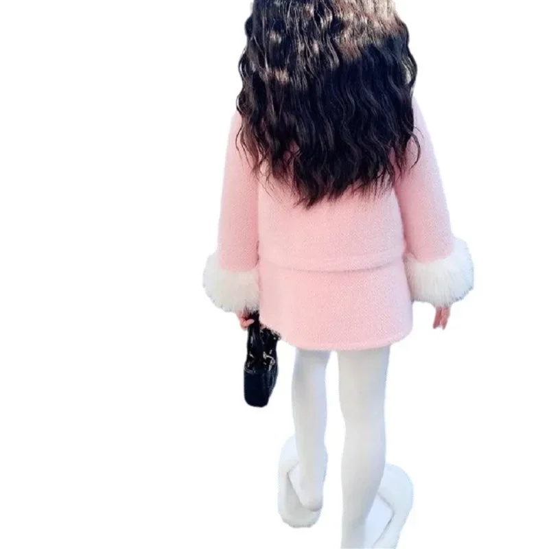 Girls Set Korean Style Solid Color Fashion Clip Cotton Plush Fashion Warm Coat Cute Skirt 2023 New Winter Clothing