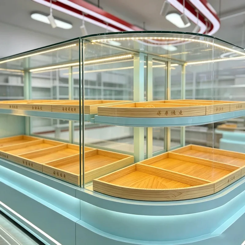 custom.Arched, Front-opening Bakery Display Cabinet; Custom-made Bakery Glass Display Cabinet with LED Lighting