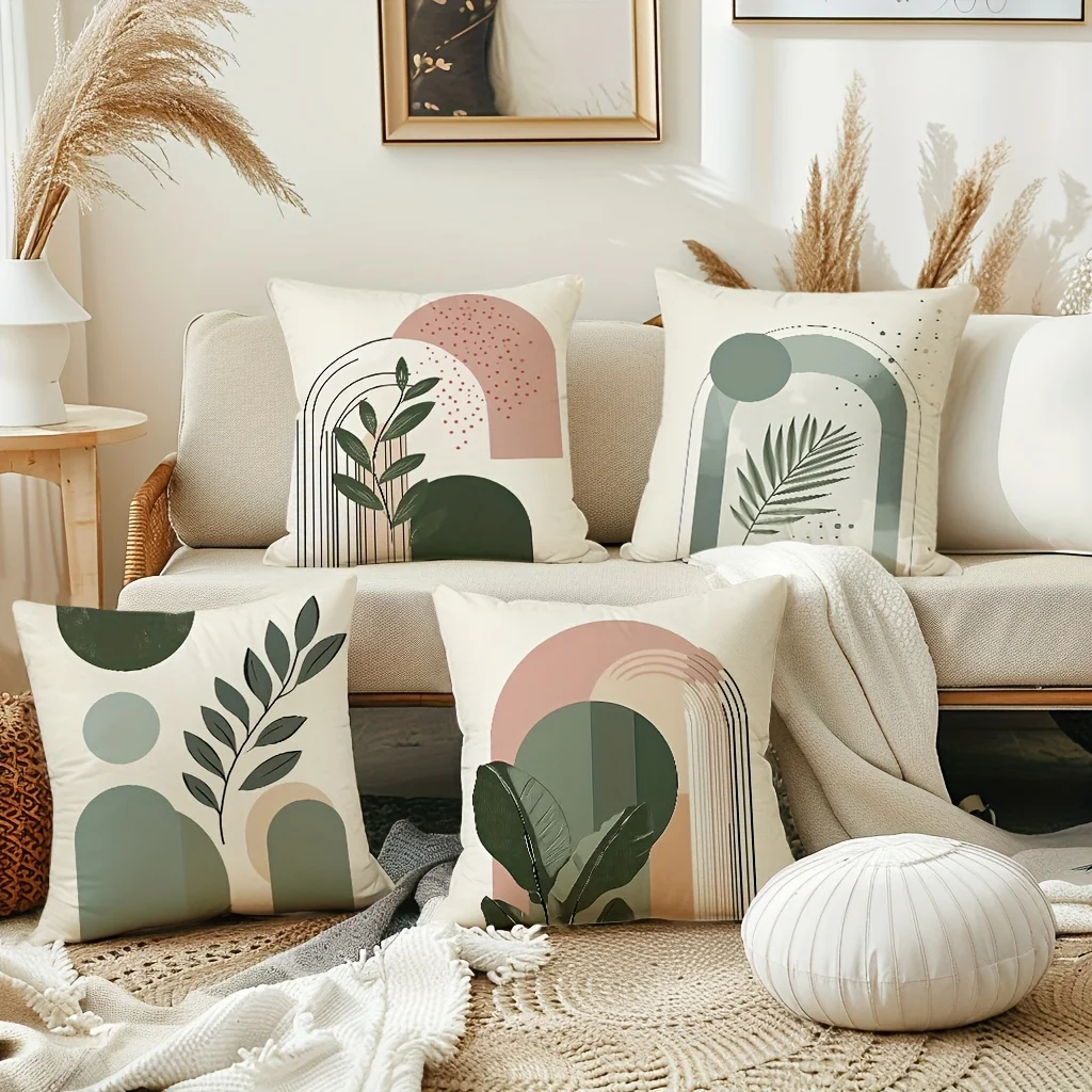 Minimalist Boho Style Pillow Covers, Geometric Arch Tropical Plant Print Cushion Cases, Cozy Home Decor for Bedroom Living Room