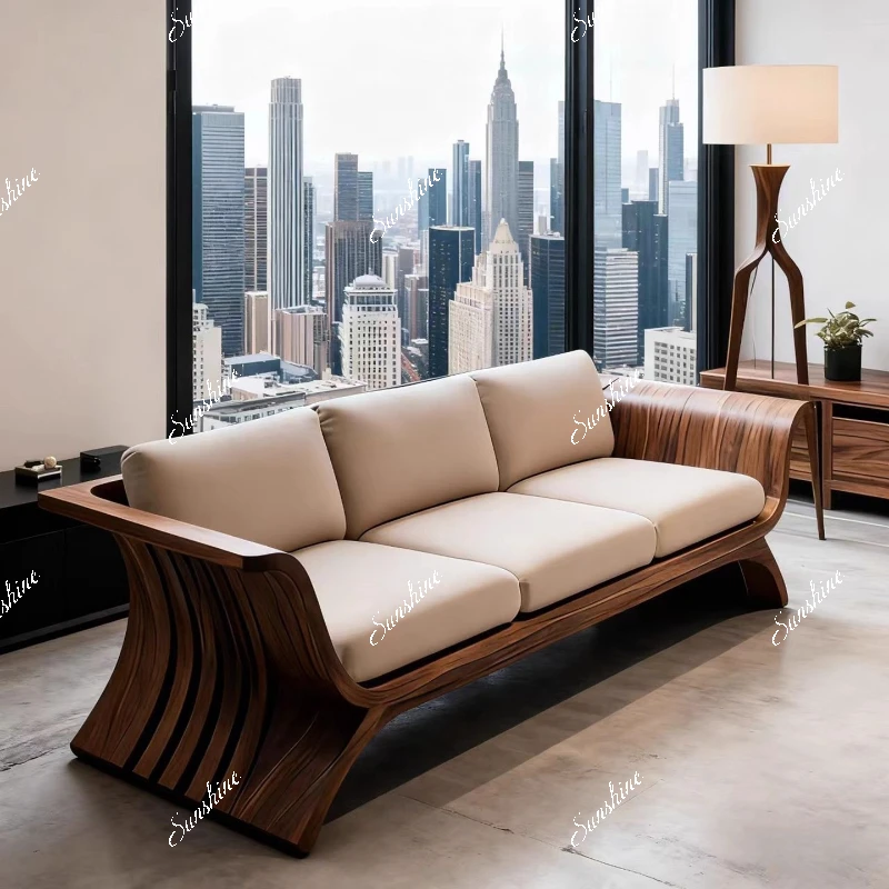 

New Chinese solid wood, medieval style living room three-person fabric sofa