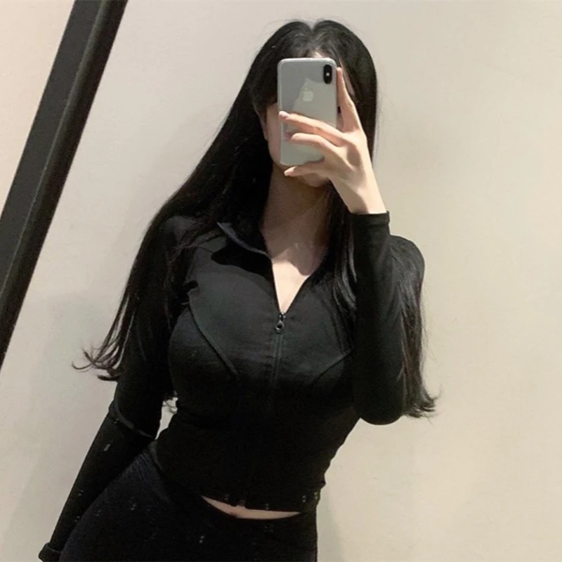 Dongda Gate Yoga Jaet 슬림핏 지퍼 스탠드 칼라 얇은 아우터 T-irt 타이트 바디 a Faionable Korean Sle Women...