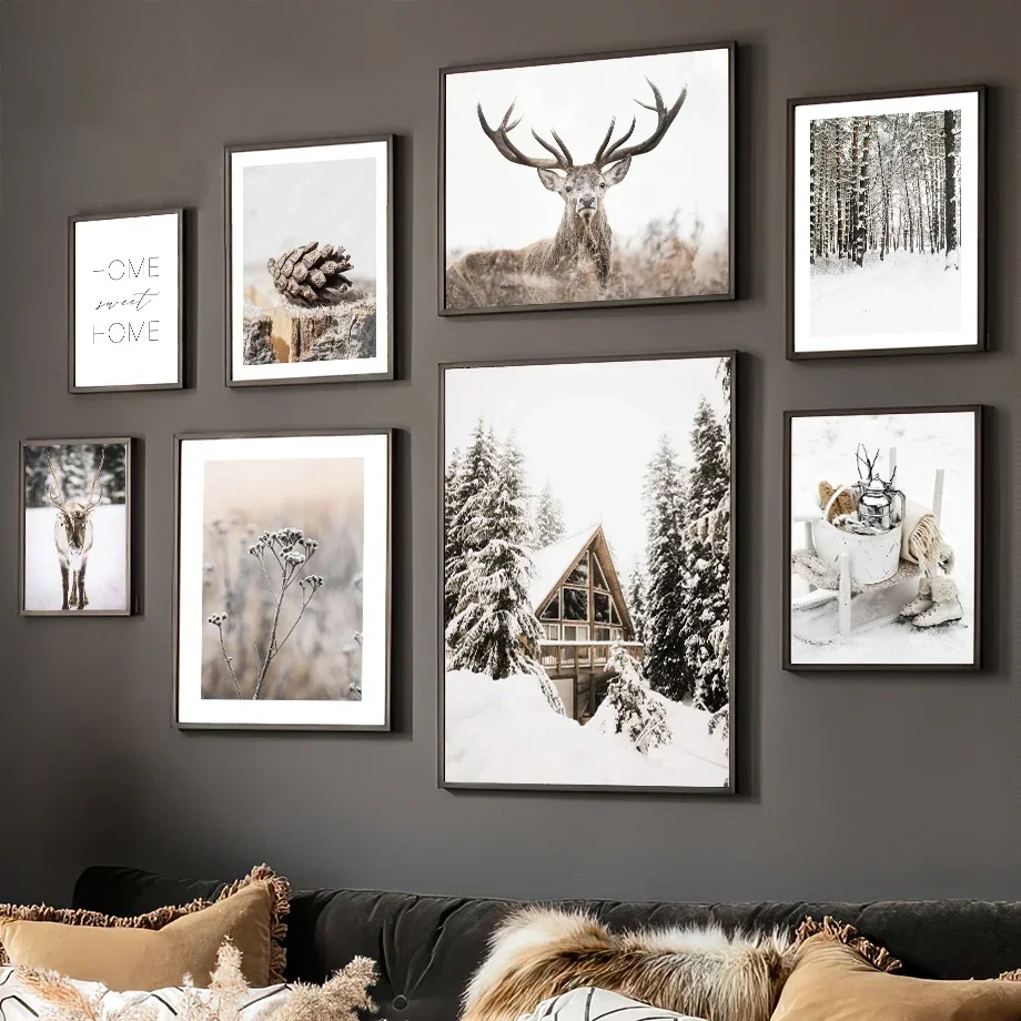 Winter Pine Tree House Elk Flower Wall Art Canvas  Nordic Posters PaintingAnd Prints Wall Pictures For Living Room Decoration