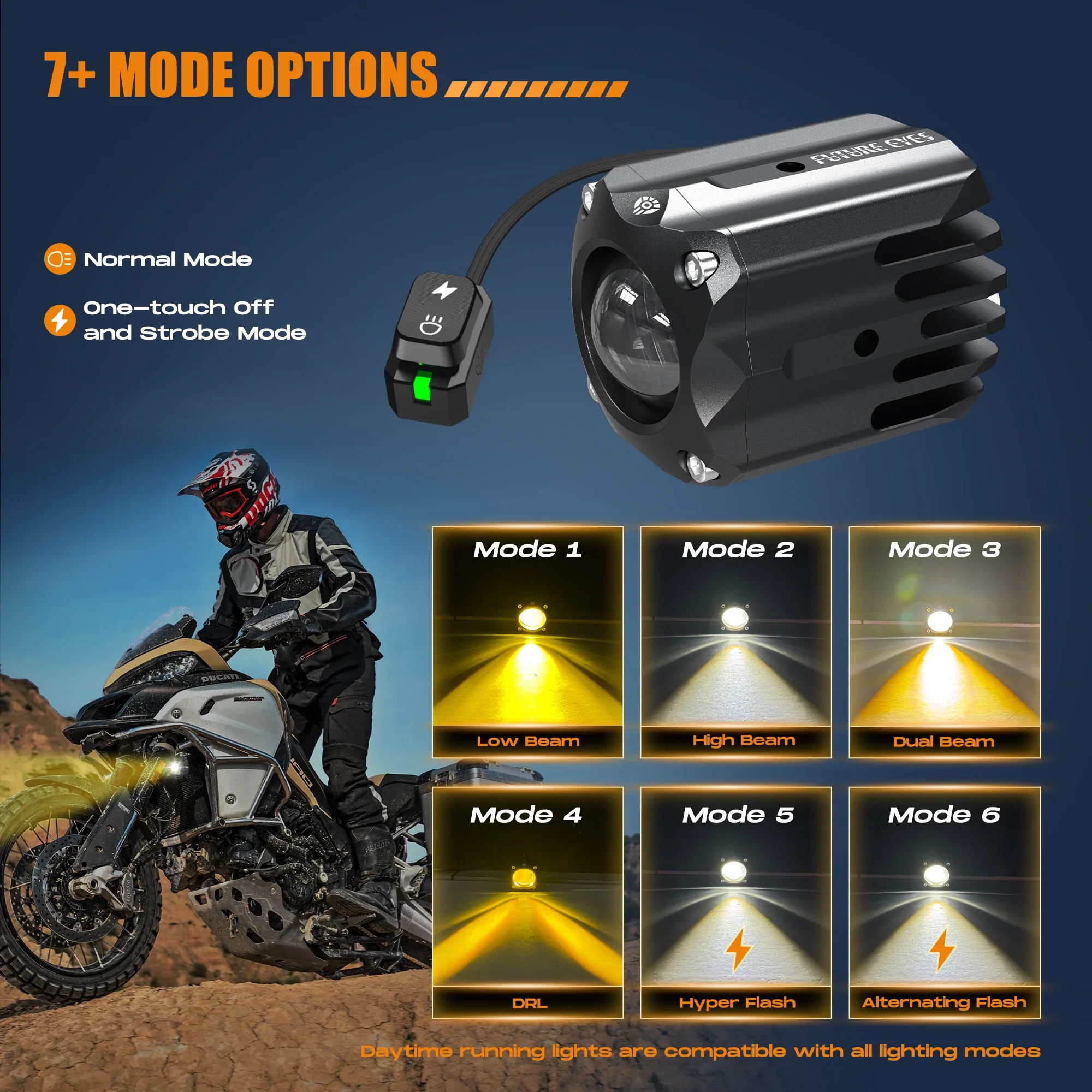 Future Eyes F150S - 60W LED Motorcycle Fog Lights Kit, White/Amber Driving Lights with High/Low Beam, CNC Auxiliary Lights