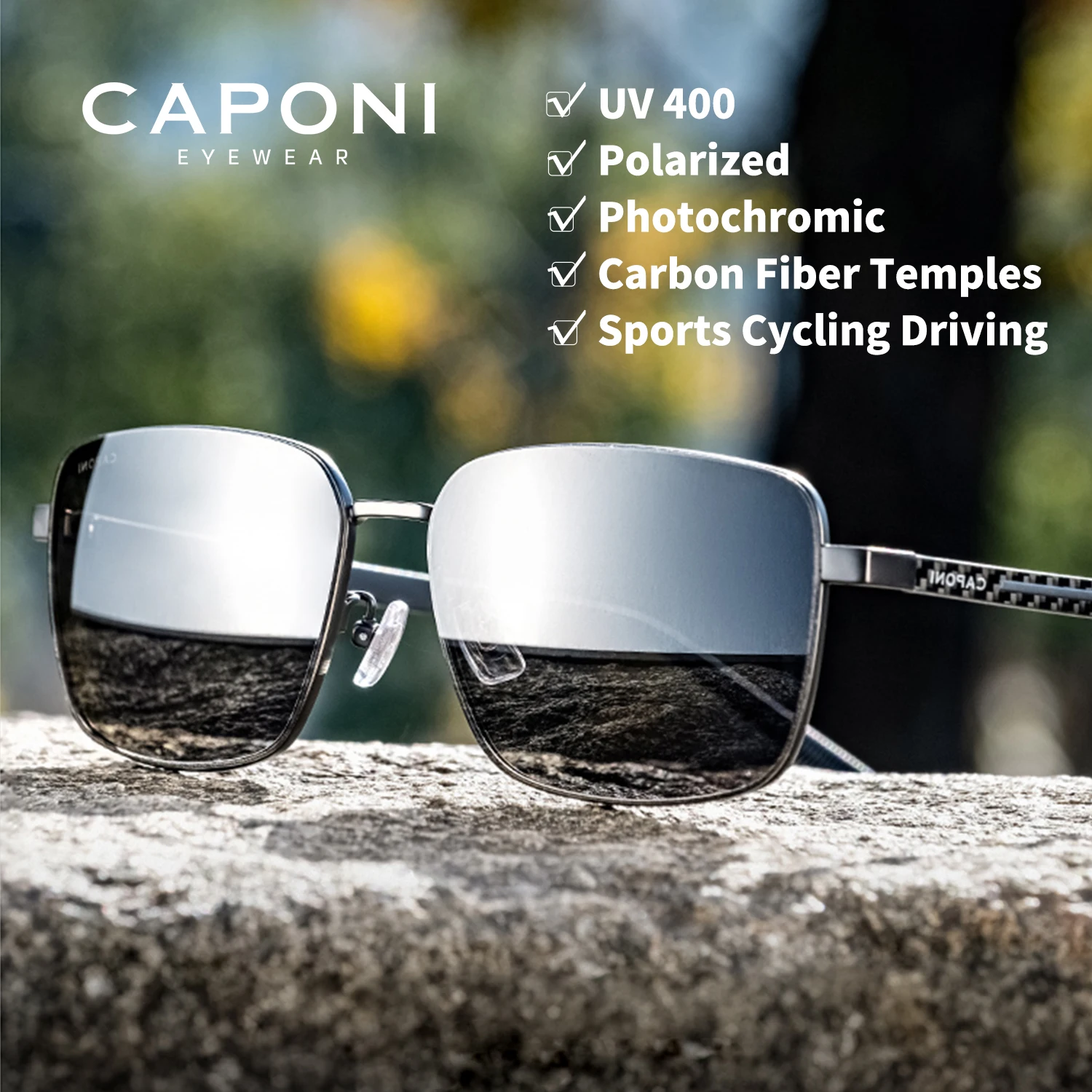 CAPONI Outdoor Sunglass For men Polarized Photochromic Square Shades Driving Sunglasses UV400 Protection Brand Designer BS24704