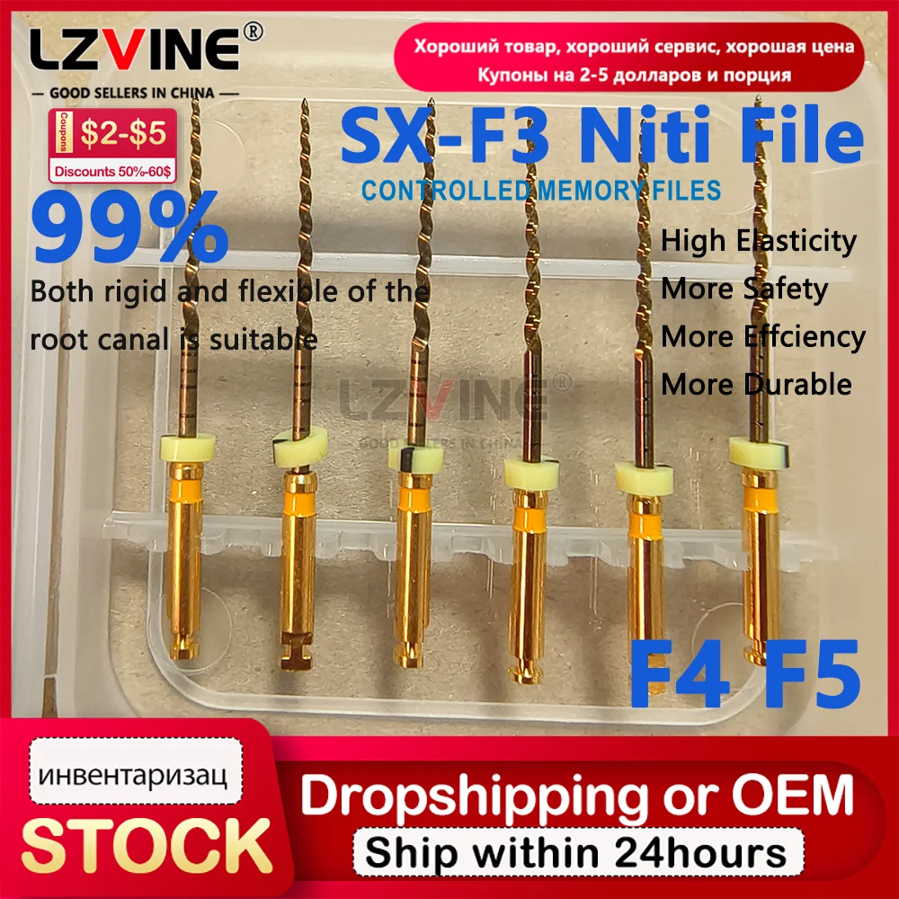 

6Pcs/Box Niti Golden Endodontic Super Rotary File f4 f5 25mm/31mm SX-F3 Denspay Dental Gold Flexible Files Dental Instrument