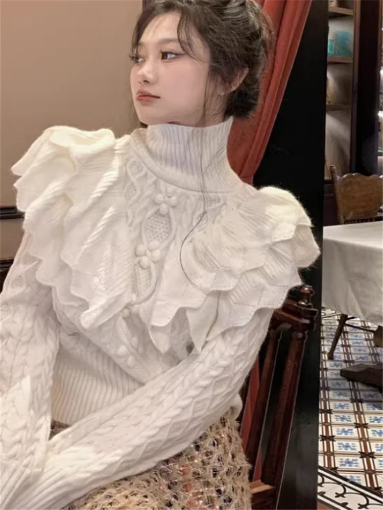 

Palace Style Vintage Knitted Turtleneck Sweater Top New Fall Winter Loose Casual Pullover Christmas Red White Long Sleeve Jumper