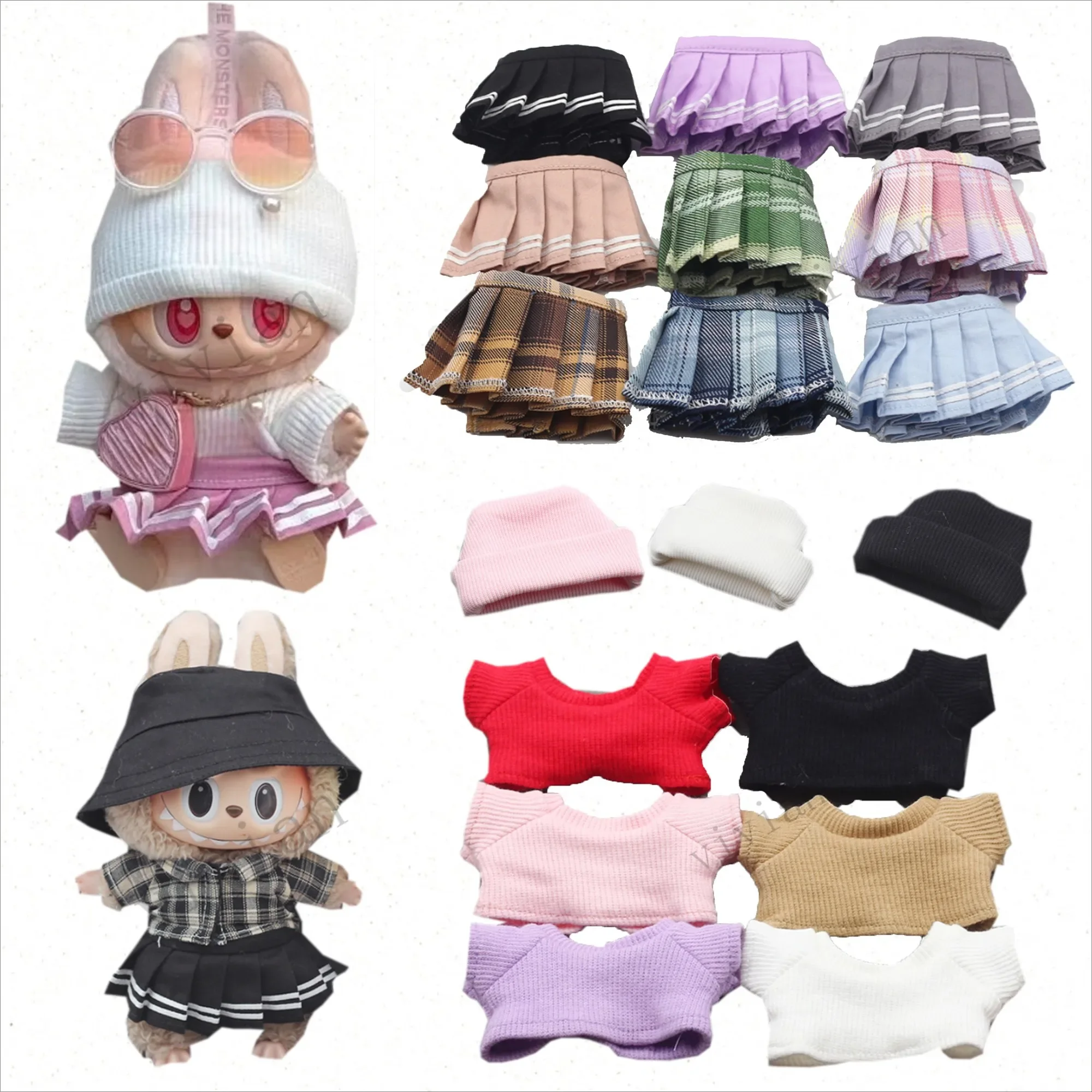 Mini Doll Clothes Outfit Accessories For Coca Cola Series 15-17cm Labubu Knitting T-shirt Hat pleated skirt Uniform Set Clothing