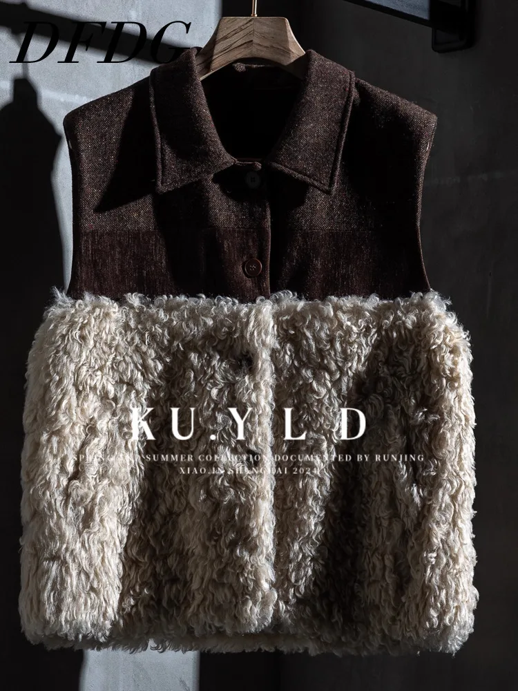 

DFDG Women’s 2025 Luxury Lamb Wool Vest Winter Elegant Single-Breasted Layering Slim Warm Designer Waistcoat Simple Lapel Coat