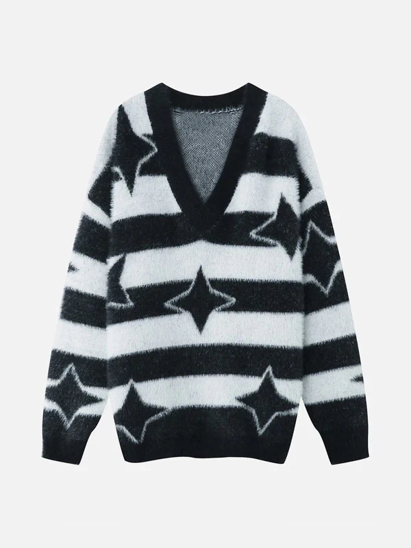 

Y2K 90s retro star striped V-neck jumper warm loose long sleeve chic knit winter tops casual high street loose fitting clothes