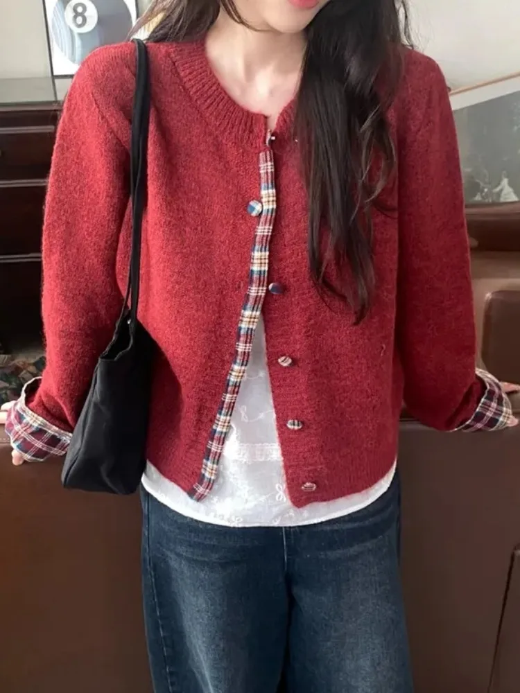 

Korean Sle Autumn Winter Faion Color Blo Plaid Knit Sweater Coat Women's Sweet Commute Regular Length Spring Autumn