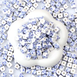 35pcs 8MM Hand-painted blue plum blossom square ceramic beads for DIY Necklace Bracelet Accessories Material Art Craft Supplies