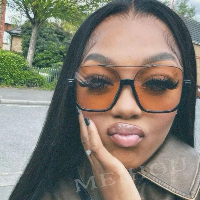 أزياء براون مربع المرأة النظارات الشمسية الجديدة خمر المتضخم جسور مزدوجة نظارات شمسية الإناث الفاخرة شقة أعلى ظلال النظارات #3