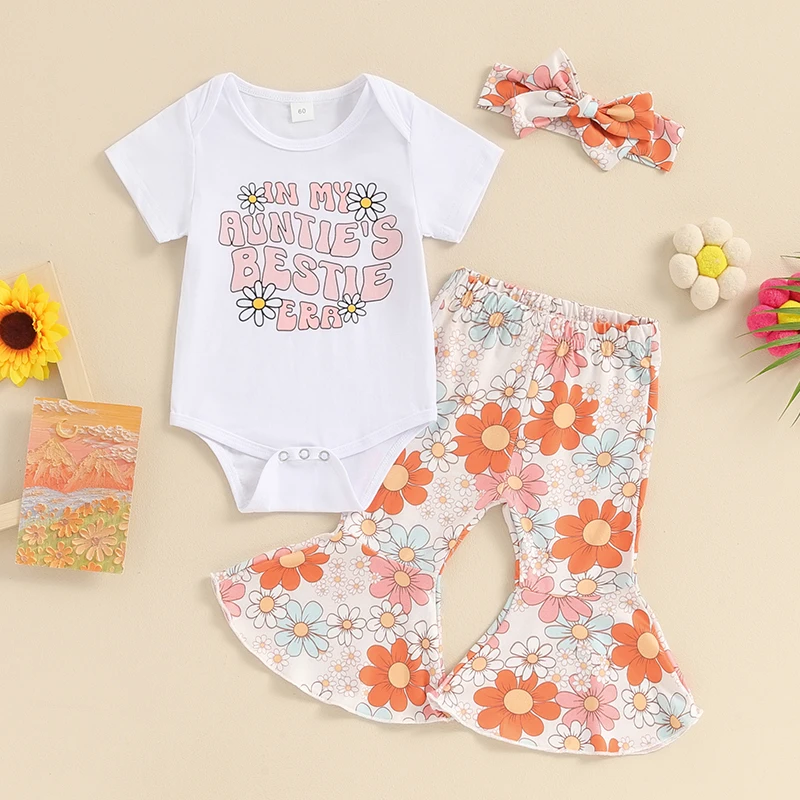 

Infant Baby Girl Summer Bell Bottom Outfit Groovy Floral Short Sleeve Crewneck Romper Flare Pants With Headband Set