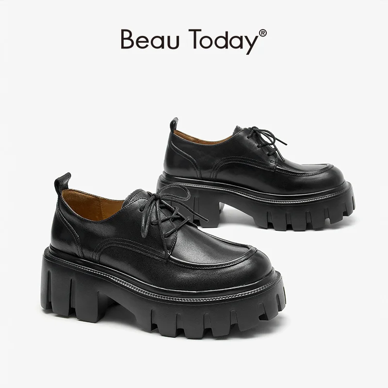 Beau Today Derby Shoes For Women Cow Leather Lace-Up With Round Toe Thick Sole Platform On Spring Autumn Handmade A21894