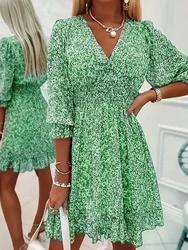 Women's Plus Size Fashionable V-neck Floral Print Dress Casual Waist Cinched Dress Versatile and Elegant Lotus Leaf Hem Dress