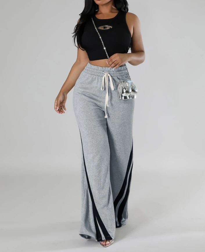 European and American 2024 Summer New Women's Casual Loose Striped Patched Drawstring Sports Pants