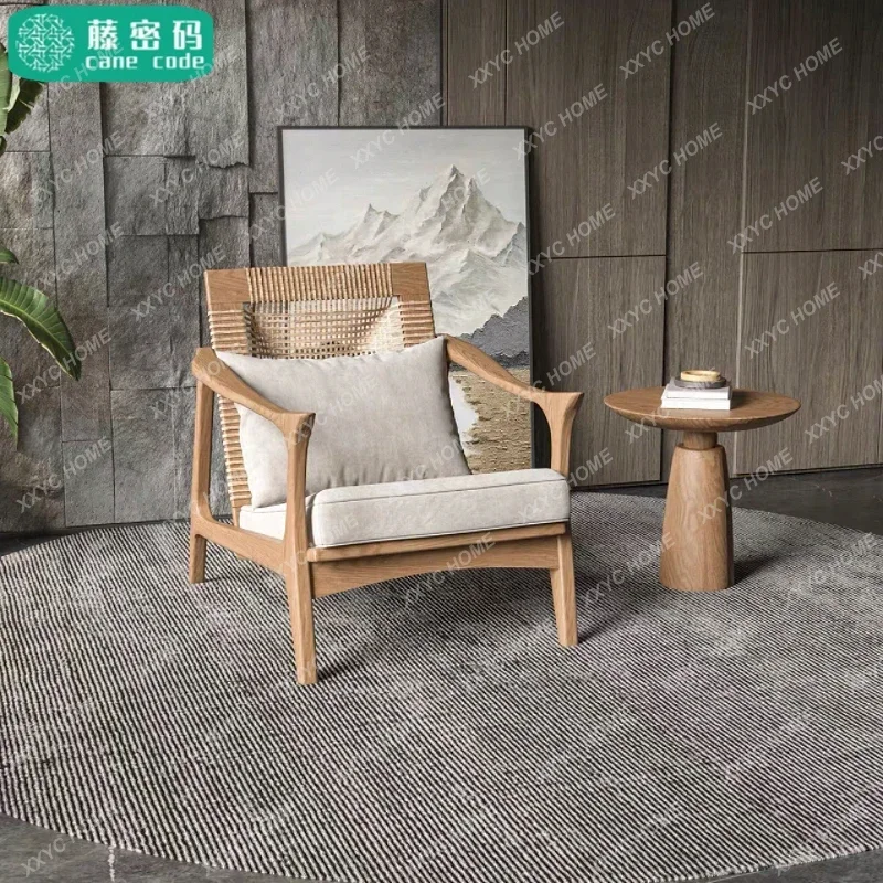 HSolid Wood Single Sofa Chair Nordic Living Room Leisure Chair Hotel Rattan Chair