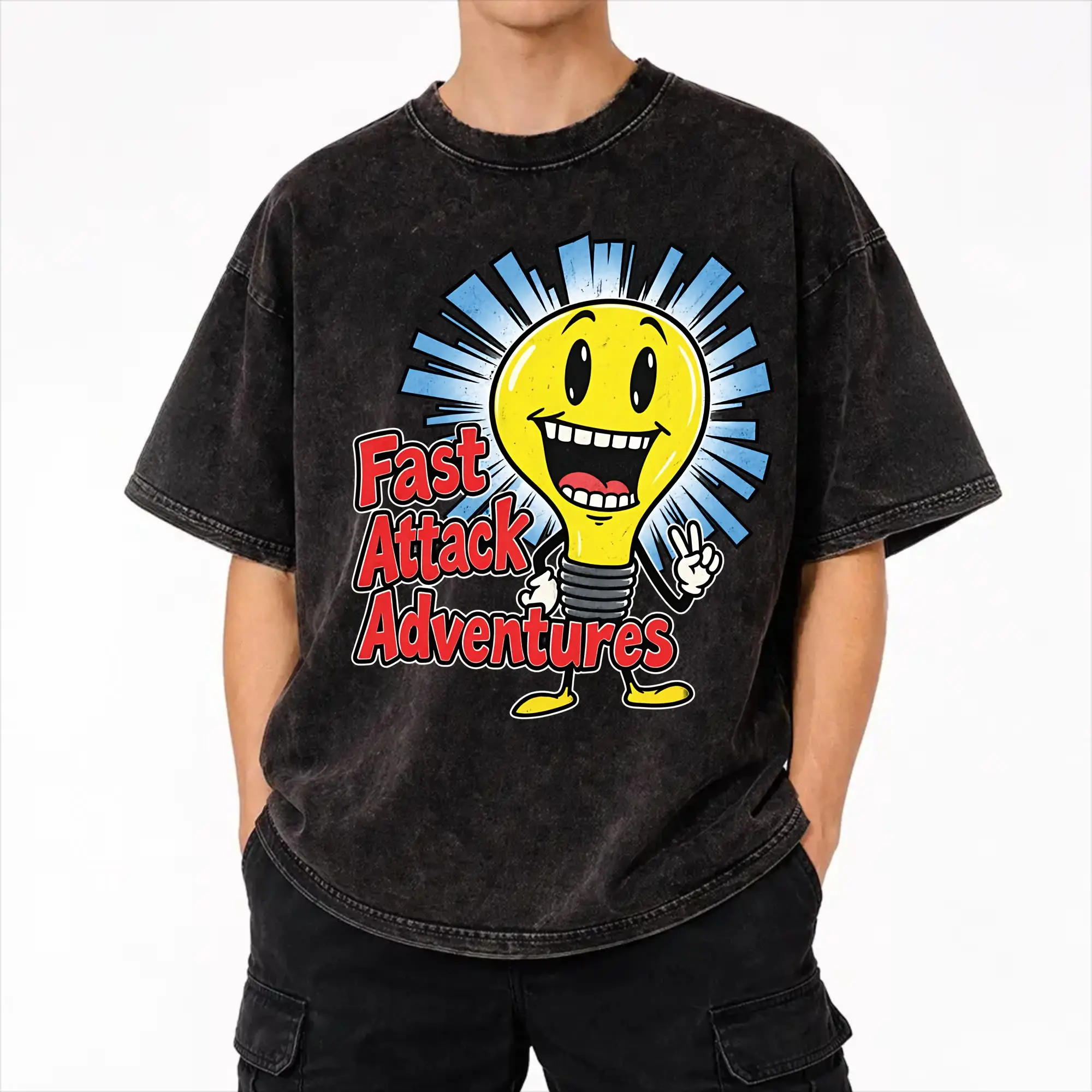 Harajuku Washed Shirt Fact Attack Adventures Lighty Accessories Fashion T-Shirts Oversize  Streetwear Short Sleeve