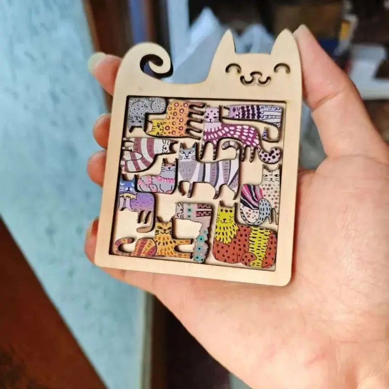 Kids Creative Cat Shape Puzzles Wooden Mini Irregular Shape Cat Animal Puzzles Table Games Montessori Thinking Education Toys