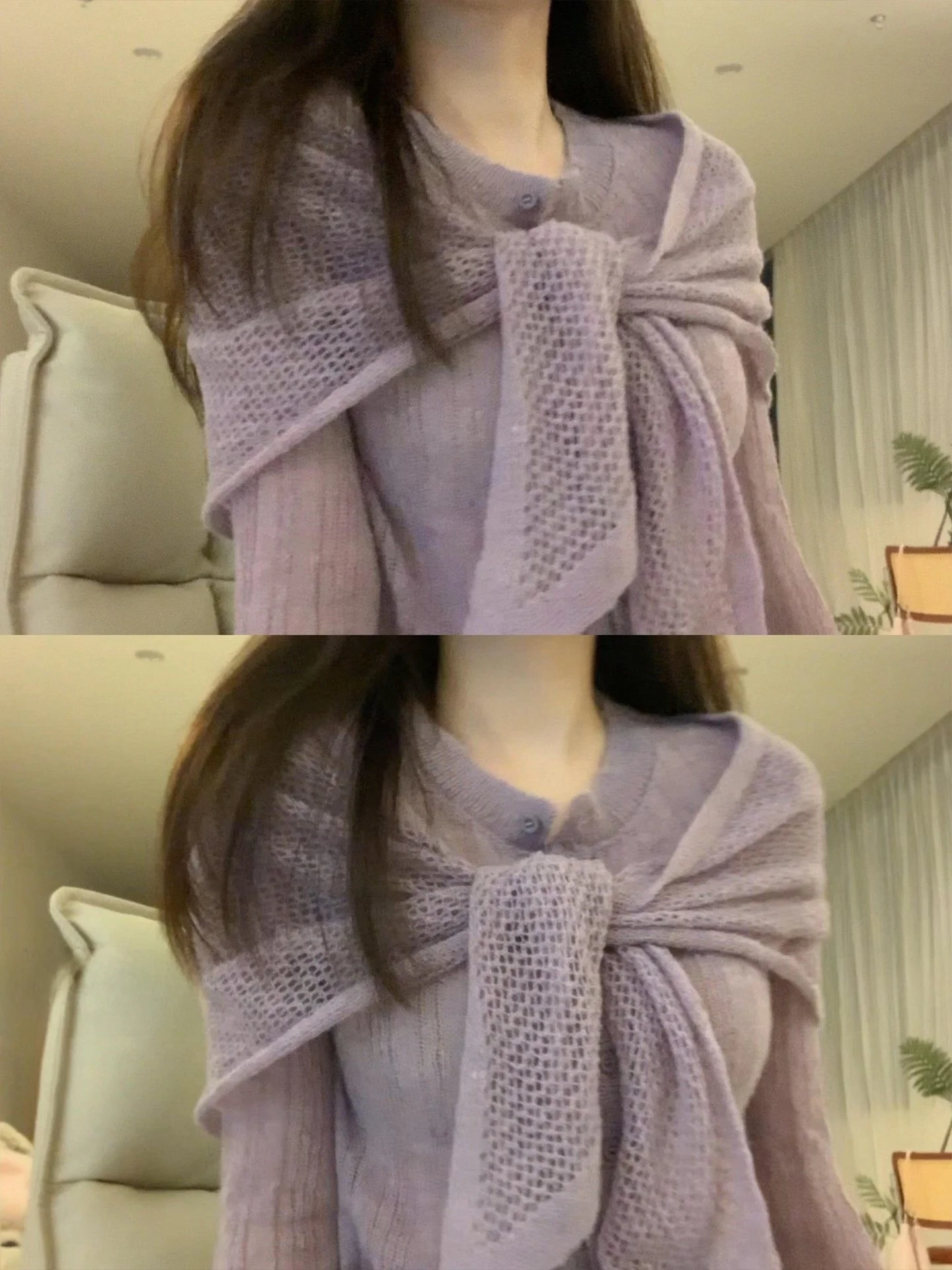 

Purple Knitted Top with oulder awl And Bow Tie ort Sle Women's Base Layer Sweet And Spicy Aosphere Soft And Cry